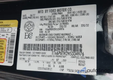 2017 Ford Mustang Ecoboost z USA, uszkodzony, nr VIN 1FA6P8TH2H5334976